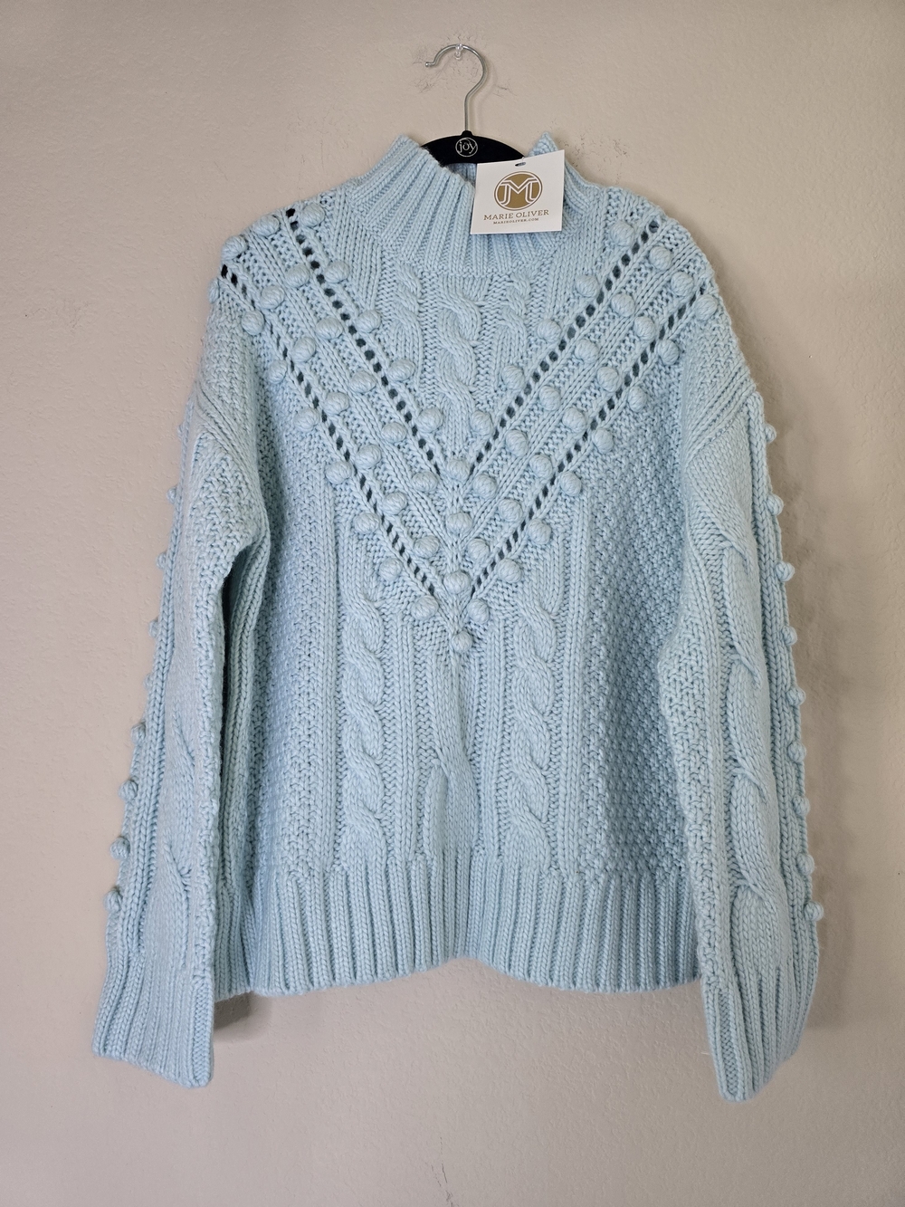 NEW Marie Oliver Eris Chevron Cable Knit Sweater Blue Pom Bobble Size Small